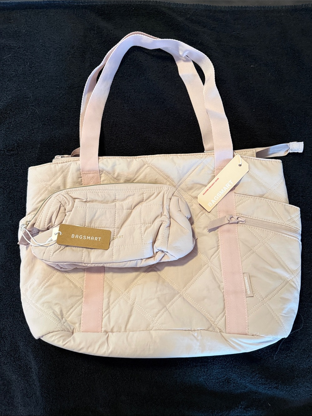 BAGSMART Quilted Tote Bag in Pale Pink with matching accessory bag